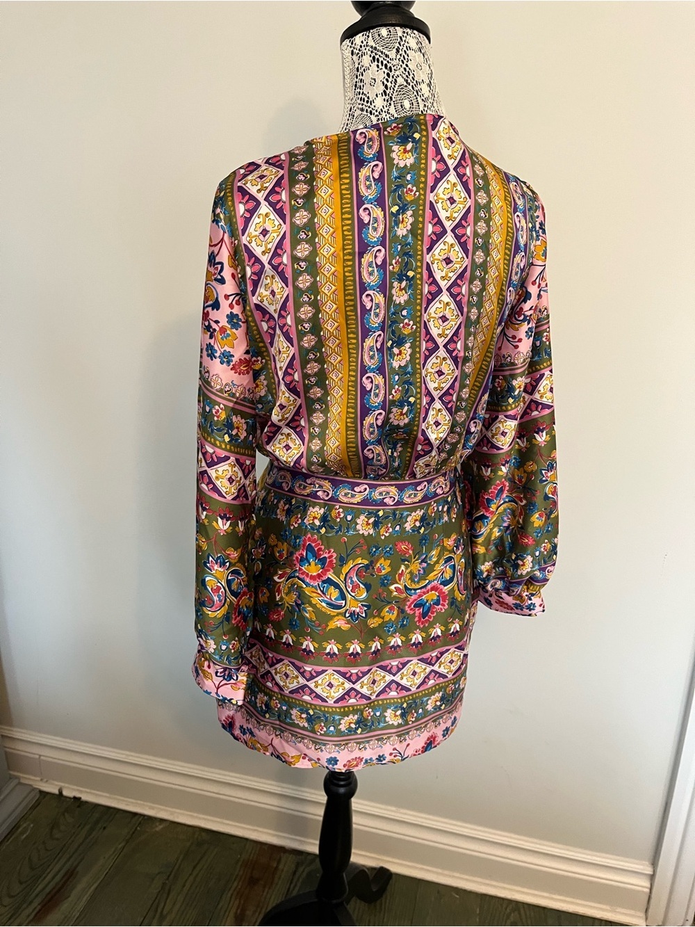 Zara Pink, Green & Gold Paisley Wrap Mini Dress - Picture 6 of 8